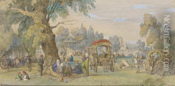 In A Turkish Park Oil Painting - Amadeo Preziosi