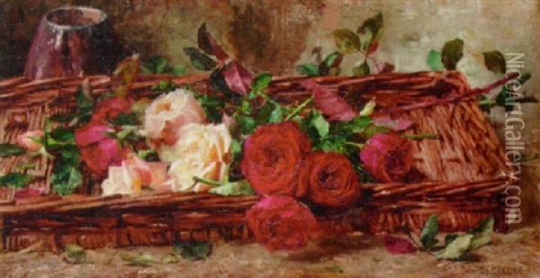 Roses In A Woven Basket Oil Painting - Joseph De Belder