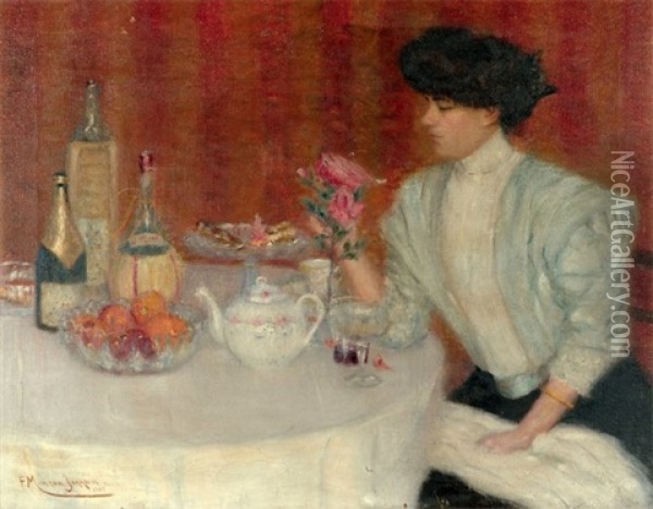 Jeune Femme A La Rose Oil Painting - Francis Morton-Johnson
