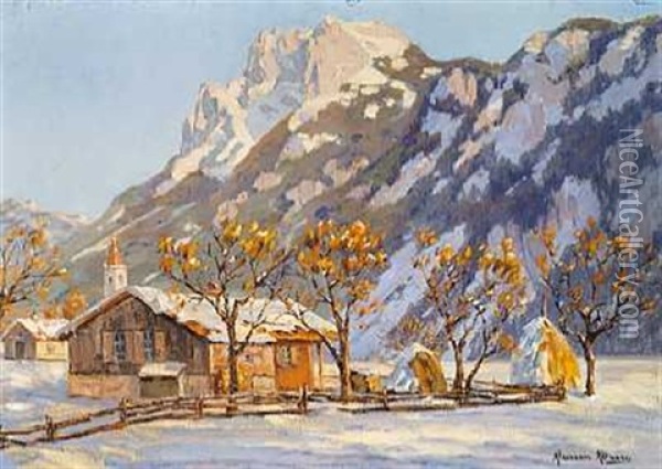 Winter Landscape With Houses And A Small Church Sheltered By Mountains Oil Painting - Alexandre Altmann