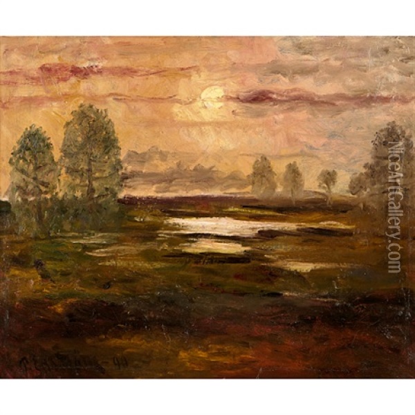 Landskap Med Trad, Solnedgang Oil Painting - Per Ekstroem