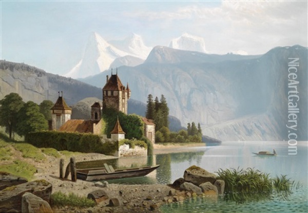 Blick Auf Schloss Oberhofen Am Thunersee, Schweiz Oil Painting - Theodor (Wilhelm T.) Nocken