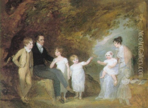 A Group Portrait (the Artist, Her Husband And Children?) In A Wooded Landscape Oil Painting - Maria Spilsbury