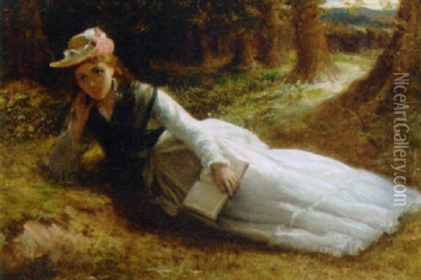 Reading In The Woods Oil Painting - William Oliver the Younger