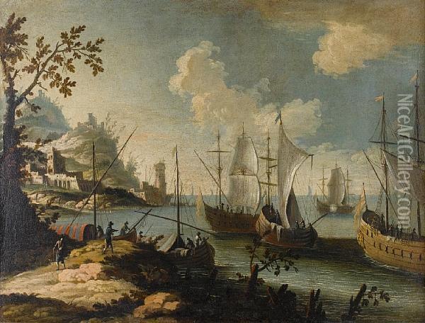 A Mediterranean Coastline With Shipping Atanchor Oil Painting - Alessandro Grevenbroeck