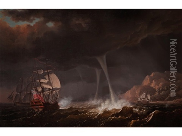 An English Squadron Of The Red Encountering Multiple Water Spouts, Probably Off Gibraltar, Whilst In Pursuit Of A Spanish Armed Merchantman Oil Painting - Olivier Lemay
