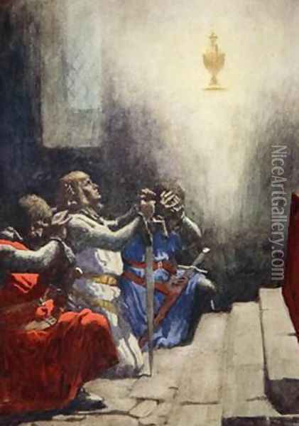 Galahad alone could see the perfect beauty of the Holy Grail 1925 Oil Painting - A.C. Michael