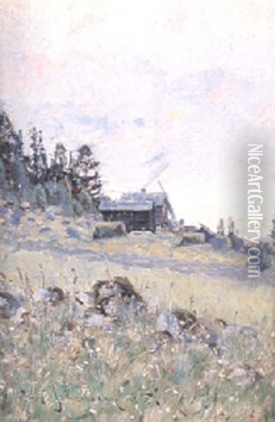 Landskap Med Fabodar, Aftonljus Oil Painting - Carl (August) Johansson