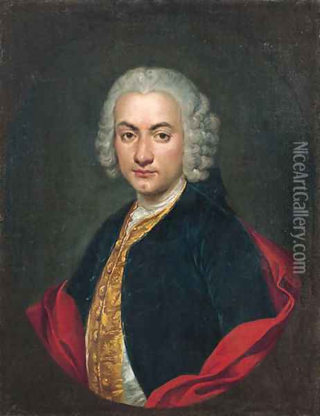 Portrait of a gentleman, half-length, in a blue velvet jacket, a gold-embroidered waistcoat and a red cape, in a feigned oval Oil Painting - Giacomo Ceruti (Il Pitocchetto)
