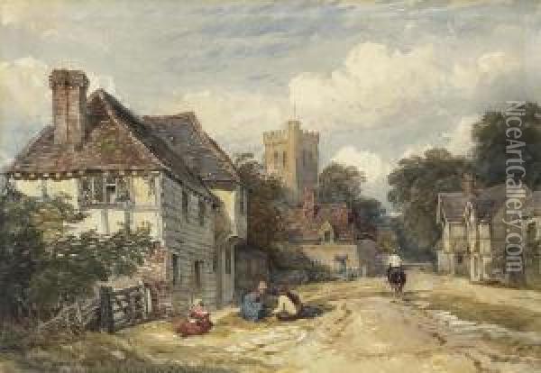A Village Street With Figures And A Horseman, A Church Oil Painting - David Cox