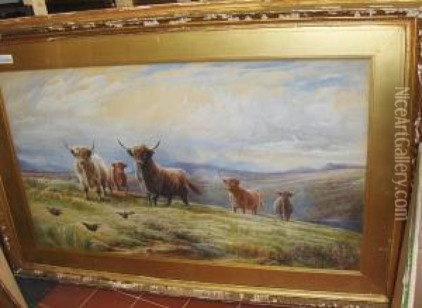 Highland Cattle And Grouse Oil Painting - Charles Jones