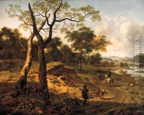 A Wooded Evening Landscape With A
 Hunter And His Dogs, Anotherhunter On Horseback Conversing With A 
Peasant, A Fishermen And Afalconer Carrying A Hoop Of Falcons On A Path,
 A Wagon And Otherfigures By A Lake Beyond Oil Painting - Jan Wijnants