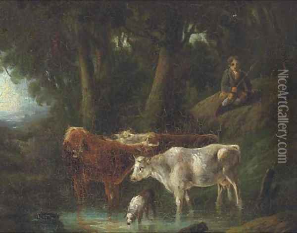 A rest at the watering hole Oil Painting - English School