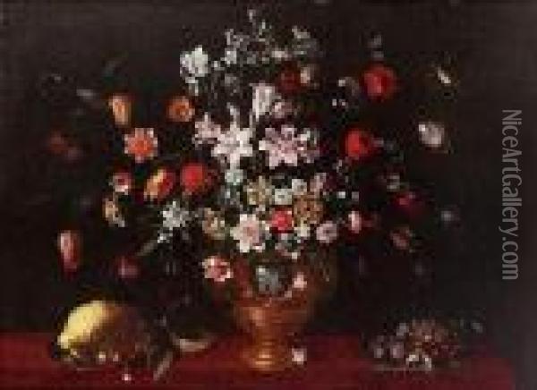 Tulips, Carnations, Lilies, 
Narcissi And Other Flowers In An Urn On A Draped Table With Plums, 
Cherries, Cobb Nuts And Fraises-du-bois On A Salver And A Lemon With 
Cherries On A Salver With Two Butterflies And A Finch Oil Painting - Luca Forte