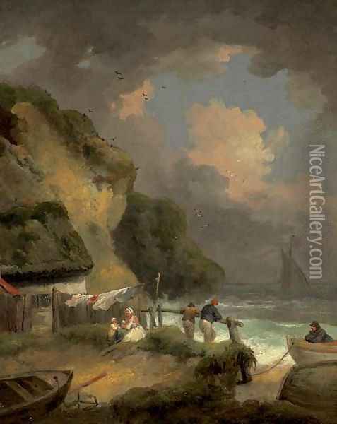 A rocky coast with fishermen by a cottage Oil Painting - George Morland