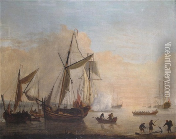 Warships And Fishing Boats Moored Off The Coast With A Ship Firing A Salute For An Approaching Launch Oil Painting - Peter Monamy