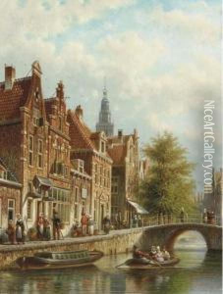 An Amsterdam Canal With The Westertoren Beyond Oil Painting - Johannes Franciscus Spohler