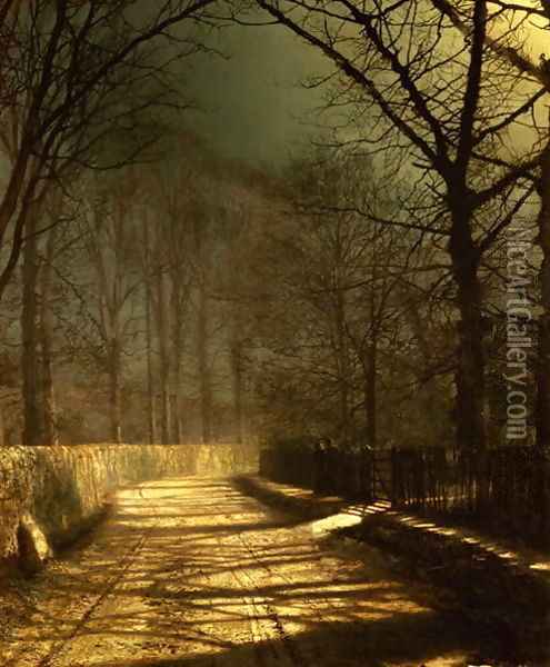 A Moonlit Lane with two lovers by a gate Oil Painting - John Atkinson Grimshaw