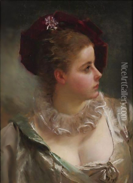 Young Beauty With Red Hat Oil Painting - Gustave Jean Jacquet