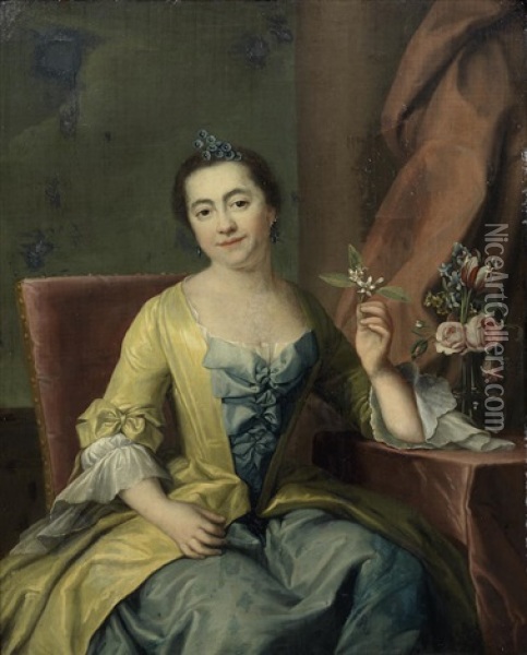 Portrait Of A Lady, Three-quarter-length, In A Blue Dress, Seated, Holding A Flower Oil Painting - Ulrika (Ulla Fredrica) Pasch