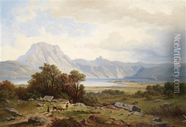 Traunsee Mit Schlos Orth Oil Painting - Josef Mayburger