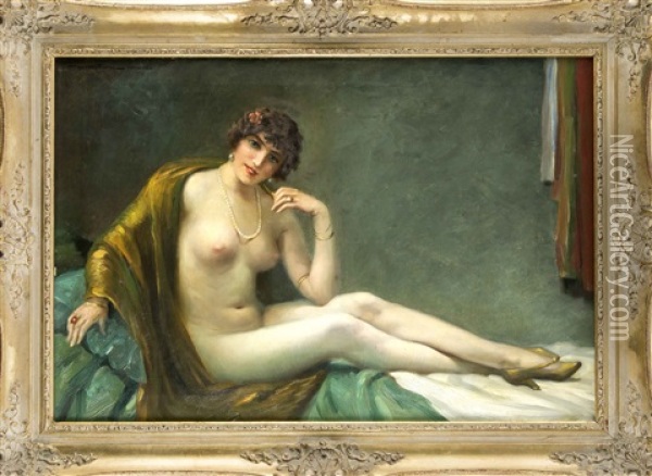 Nackte Schonheit Mit Perlenkette Auf Einem Diwan Oil Painting - Hans Hassenteufel