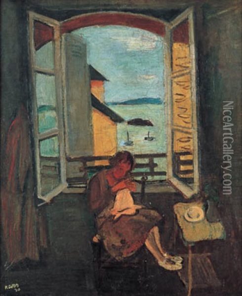 A Woman Sewing Near An Open Window Oil Painting - Georges (Karpeles) Kars