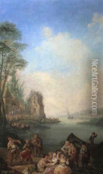 River Landscape With Elegant Figures And Peasants Oil Painting - Jan Anton Garemyn