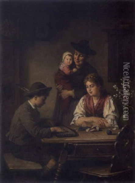 Zither Spielender Bub In Der Stube Mit Familie Oil Painting - Rudolf Epp