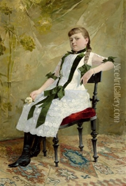 Bildnis Eines Sitzenden Madchens Im Weisen Kleid Und Grunen Maschen Oil Painting - Vaclav Brozik