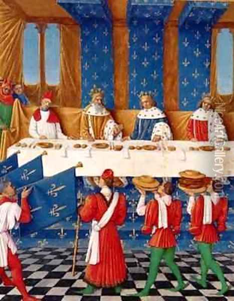 Banquet given by Charles V 1338-80 in honour of his uncle Emperor Charles IV 1316-78 in 1378 Oil Painting - Jean Fouquet