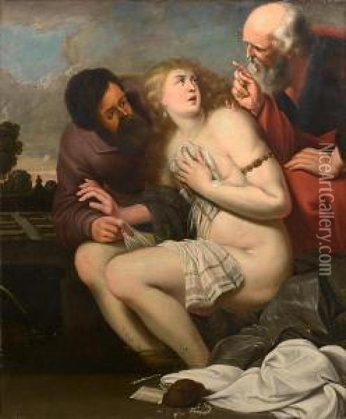 Susannah And The Elders Oil Painting - Simon de Vos
