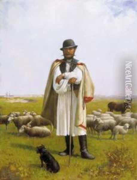 Shepherd Oil Painting - Mihaly Szobonya