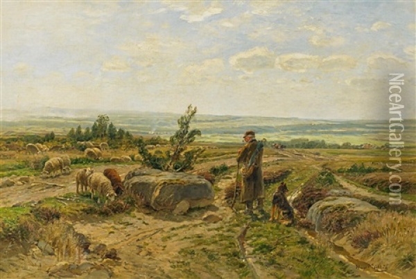 Schafer Mit Seiner Herde In Weiter Landschaft Bei Willingshausen Oil Painting - Hugo Muehlig