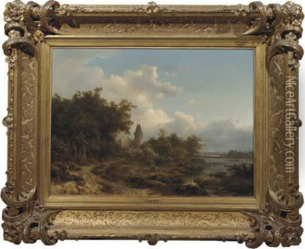 Figures By A Ruin In An Extensive Wooded Landscape Oil Painting - Pieter Lodewijk Kuhnen