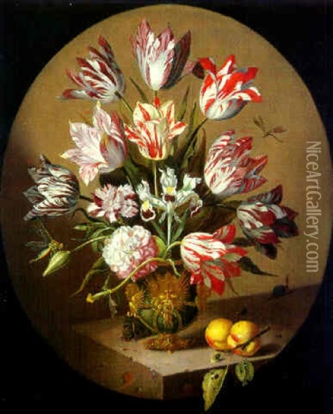 Still Life Of Tulips, Roses And Others Flowers And An Iris In An Elaborate Vase With Peaches, Dragonflies, A Mouse And A Snail Oil Painting - Jacob Marrel