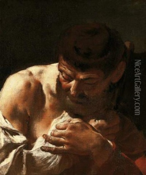 A Bearded Man (saint Matthias?), His Head Bowed And Holding An Axe (?) Oil Painting - Giovanni Battista Piazzetta