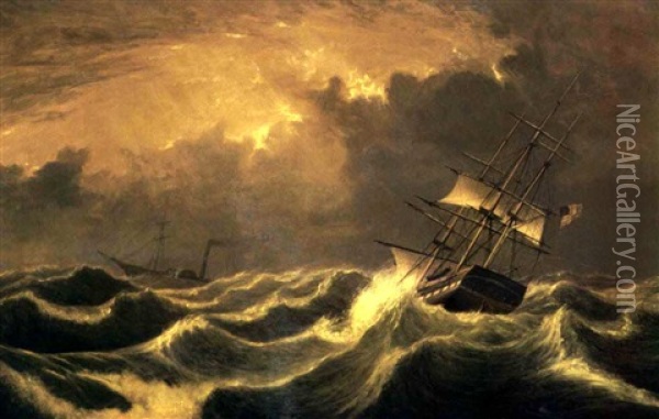 Ships Passing In Rough Seas Oil Painting - Fitz Henry Lane