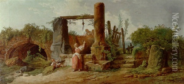 Young Women And A Boy At A Ruined Roman Well Oil Painting - Hubert Robert