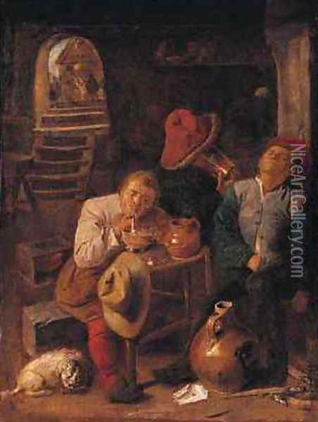 Four Peasants in a Cellar Oil Painting - Adriaen Brouwer