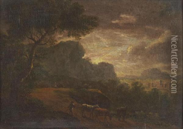 A Shepherd And Flock On A Wooded Country Path By Moonlight Oil Painting - Herman Van Swanevelt