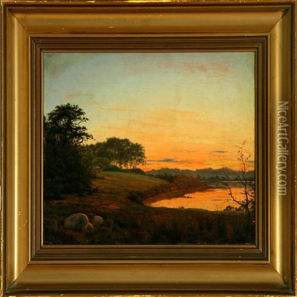 Sunset On A Calm Evening At Bagsvaerd Lake, Denmark. Signed And Dated V. Groth 1865 Oil Painting - Vilhelm Georg Groth