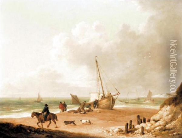 A Beached Fishing Smack And Other Sailing Vessels In Freshwater Bay, Isle Of Wight Oil Painting - George Morland