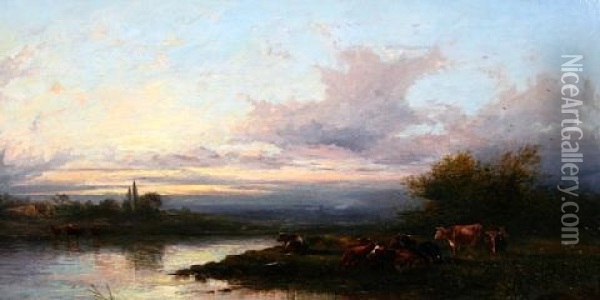 Cattle Beside A River At Sunset Oil Painting - Thomas Francis Wainewright