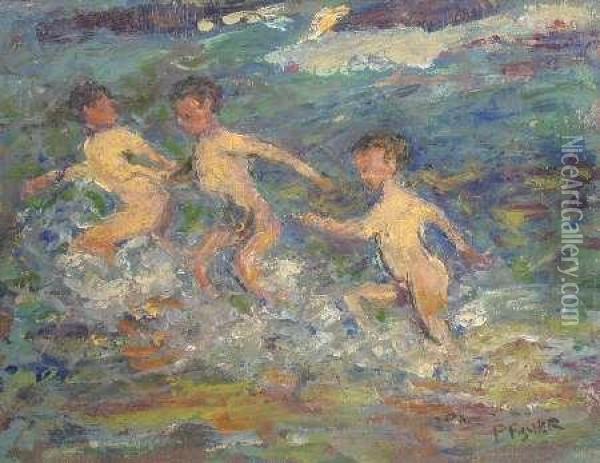 Children Bathing Oil Painting - Paul-Gustave Fischer