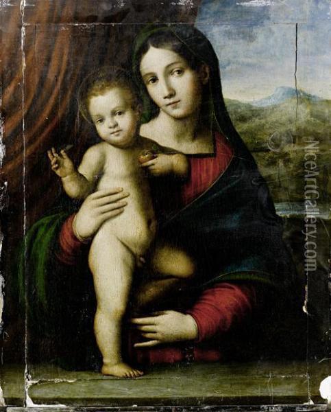 The Madonna And Child Before A Red Curtain, Aview To A Landscape Beyond 
Oil On Panel Oil Painting - Giacomo Raibolini