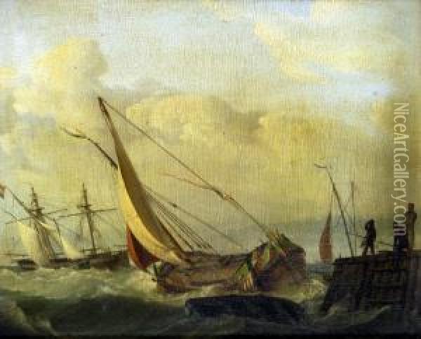 A Pair, Under Fire, American And Dutch Ships; Dutch Sailing Barges At The Harbour Mouth (see Illustration) Oil Painting - Casparus Johannes Morel