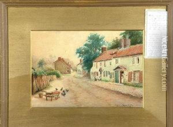 A Village Street Scene With Poultry And A Wheelbarrow In The Foreground Oil Painting - Johnson Hedley
