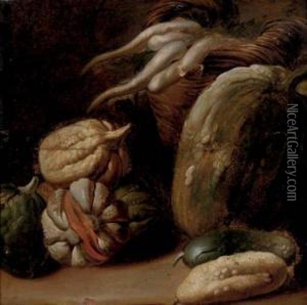 Melons And Root Vegetables In A Basket, A Fragment Oil Painting - Giacomo Ceruti (Il Pitocchetto)