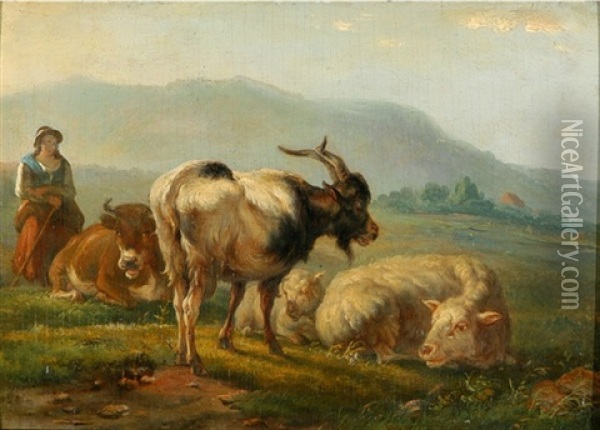 Landschaft Mit Hirtin, Kuh, Ziege Und Schafen Oil Painting - Johannes van der Bent
